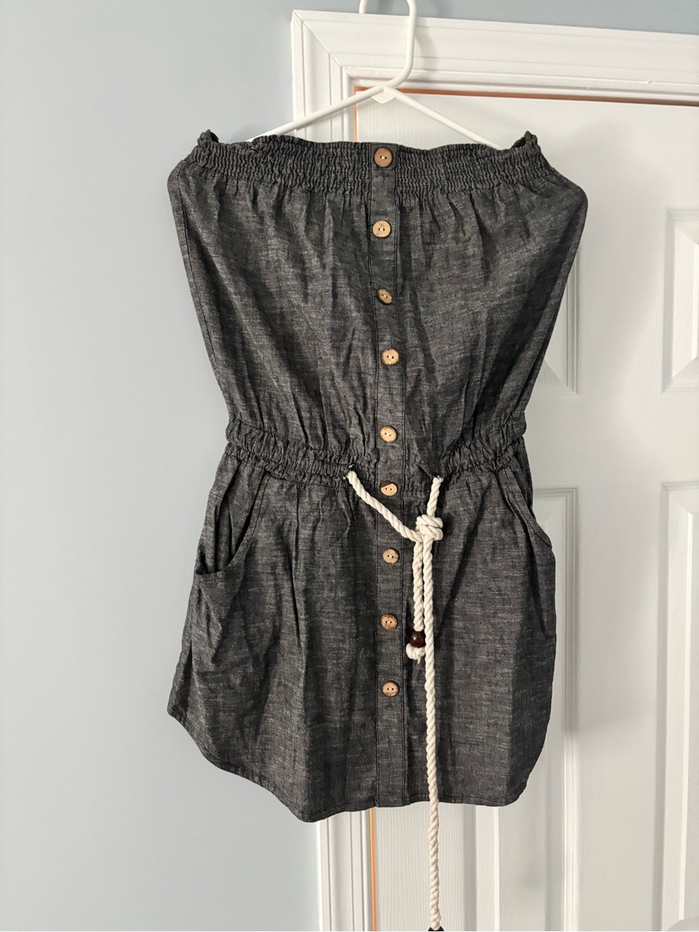 Planet Gold Charcoal Gray Button-Front Strapless Romper